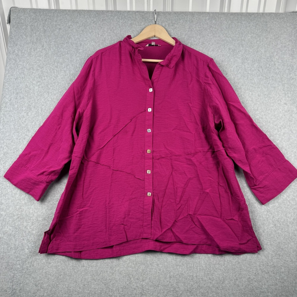 John Mark Blouse Womens 1X Magenta Pink 3/4 Sleeve Button Front Textured Top